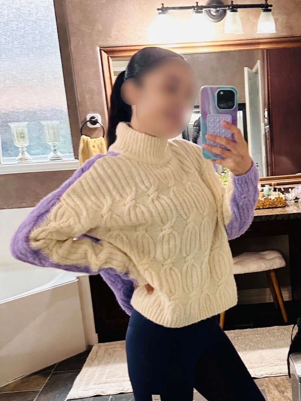 Vero Moda Cream Cable-Knit Turtleneck Sweater with Lavender Sleeves - Picture 1 of 6